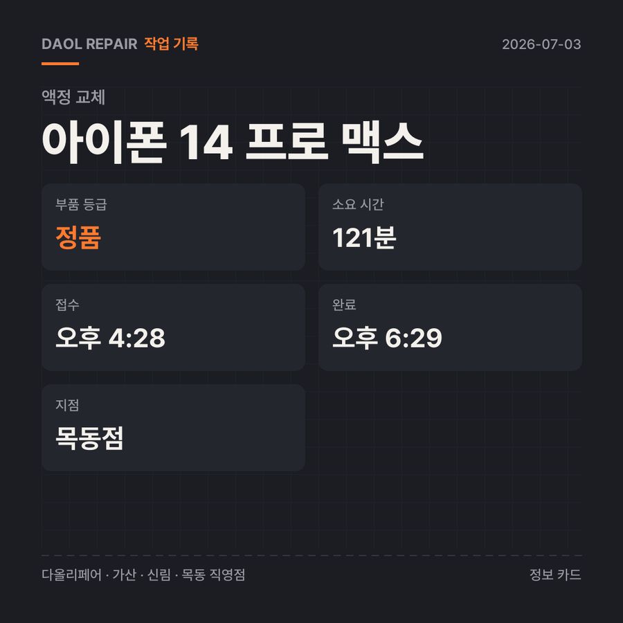 아이폰 14 프로 맥스 액정 교체 기록 카드 — 부품 등급·소요 시간·지점
