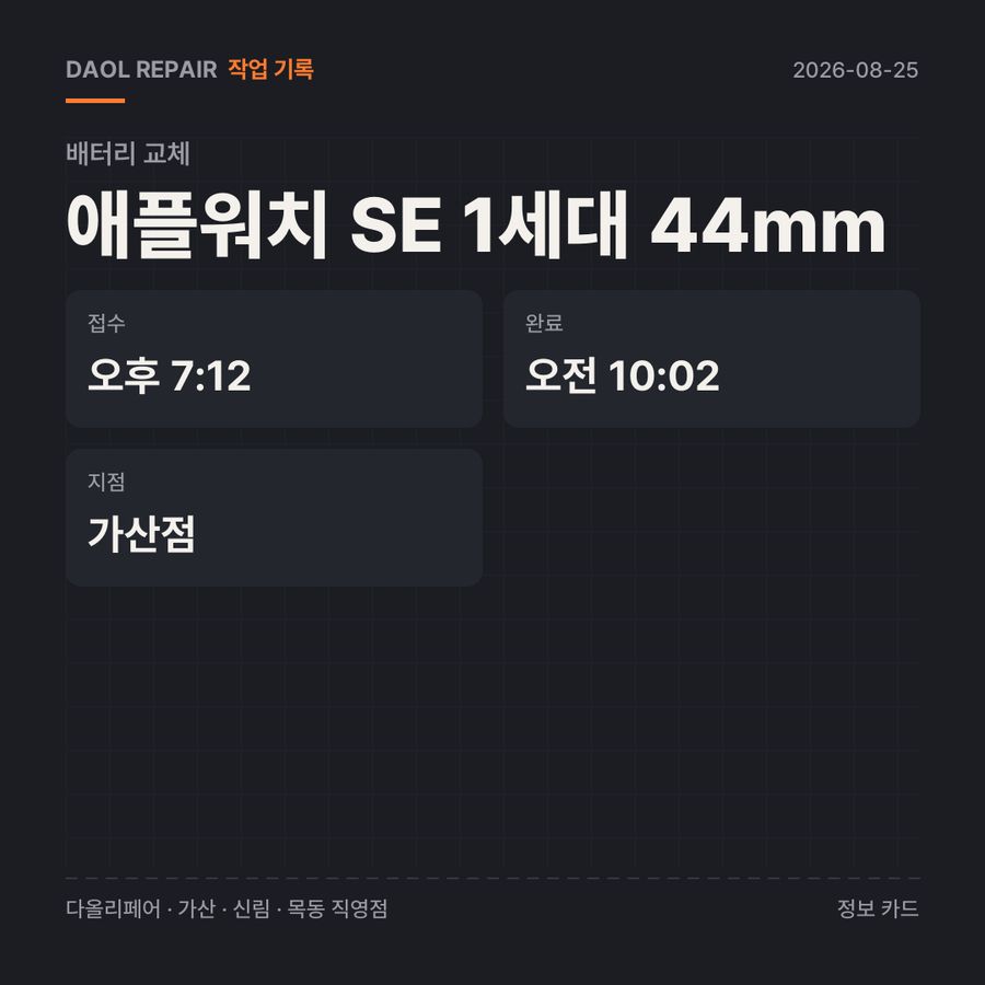 애플워치 SE 1세대 44mm 배터리 교체 기록 카드 — 부품 등급·소요 시간·지점