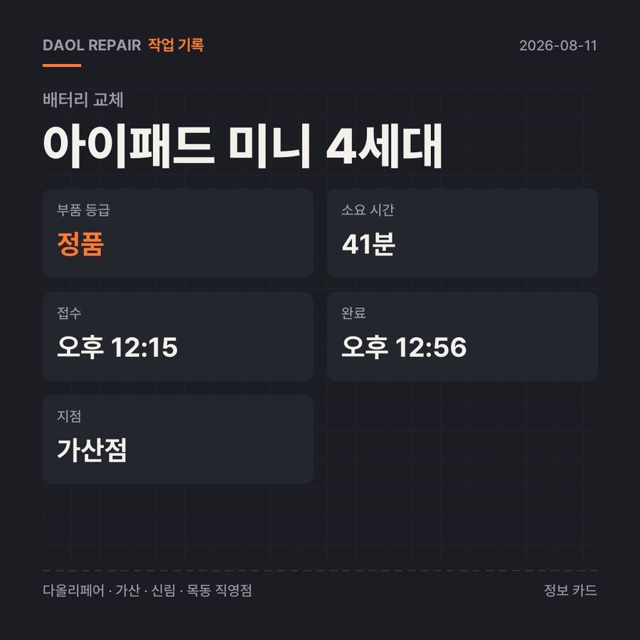 아이패드 미니 4세대 배터리 교체 기록 카드 — 부품 등급·소요 시간·지점
