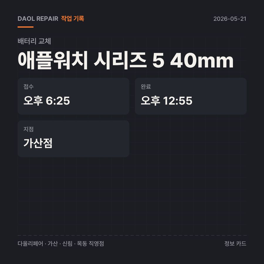 애플워치 시리즈 5 40mm 배터리 교체 기록 카드 — 부품 등급·소요 시간·지점