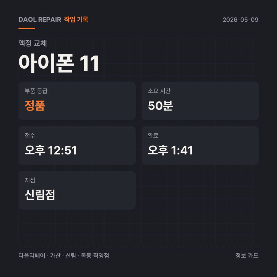 아이폰 11 액정 교체 기록 카드 — 부품 등급·소요 시간·지점