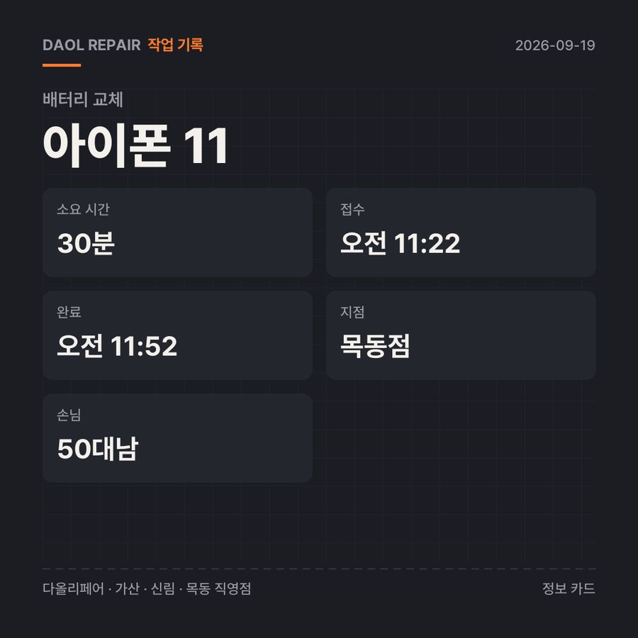 아이폰 11 배터리 교체 기록 카드 — 부품 등급·소요 시간·지점
